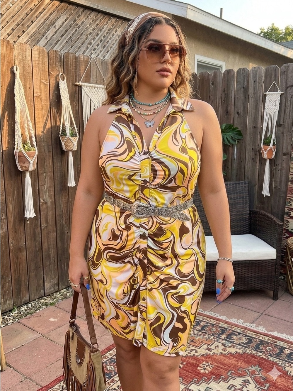 🌸Rue+ Y2K Retro Halter Dress Retro Swirl Print Ruched Front Open Back 1X